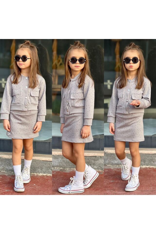 tişort eşofman alt üst 2 li baskısız kız çocuk takım Bej - 4-5 Yaş