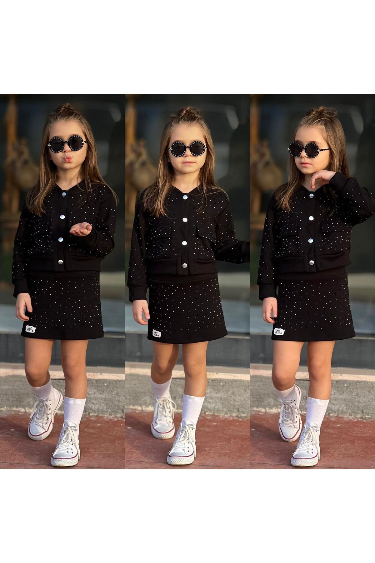 tişort eşofman alt üst 2 li baskısız kız çocuk takım Siyah - 5-6 Yaş