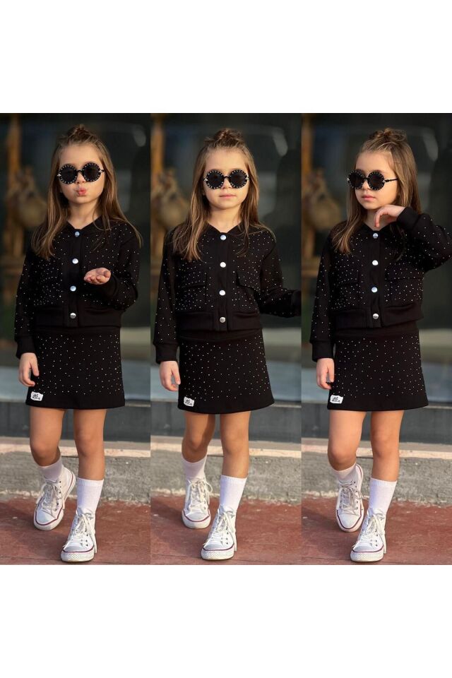 tişort eşofman alt üst 2 li baskısız kız çocuk takım Siyah - 4-5 Yaş