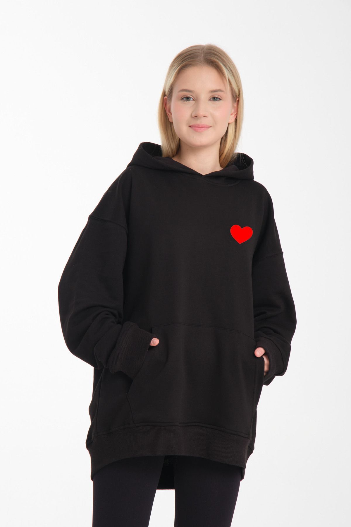 kapüşonlu sweatshirt Oversize uzun kol Siyah - M/L